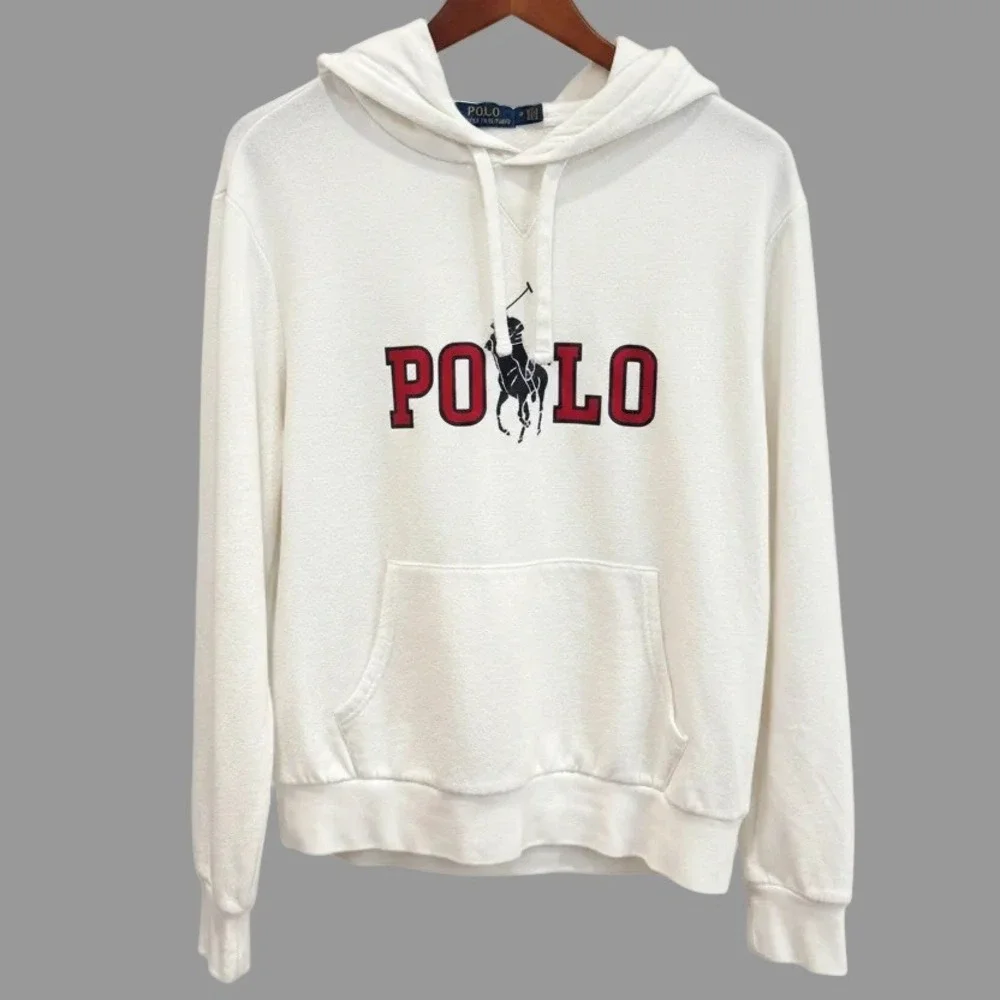 Polo Ralph‎ Lauren Men White Terry Cloth Big Pony Spellout Hoodie Size M